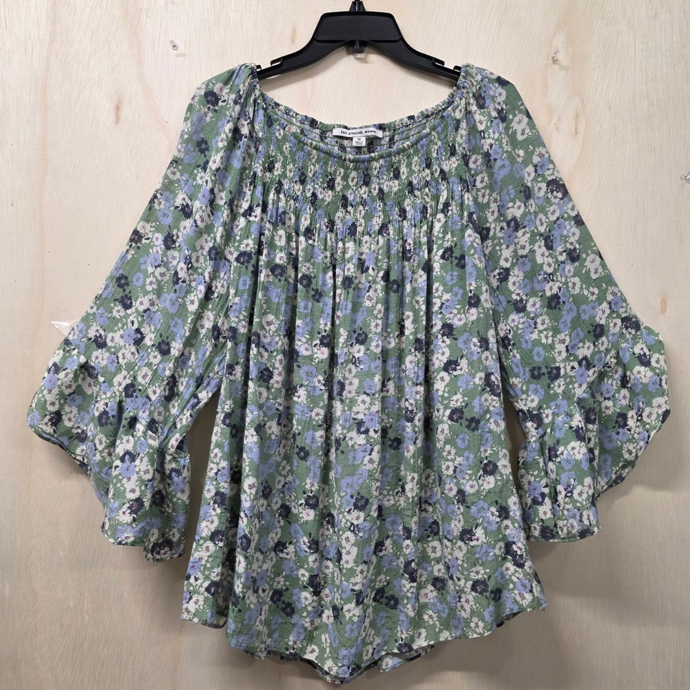 Zac & Rachel Woman Green Floral Smocked Tiered Bell Sleeve Blouse 2X